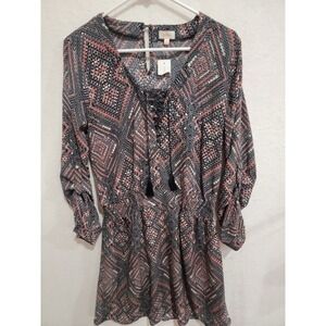 Pixley Smocked Waist Mini Dress Sz M Boho Lace Up V-Neck Tassel Tribal NEW